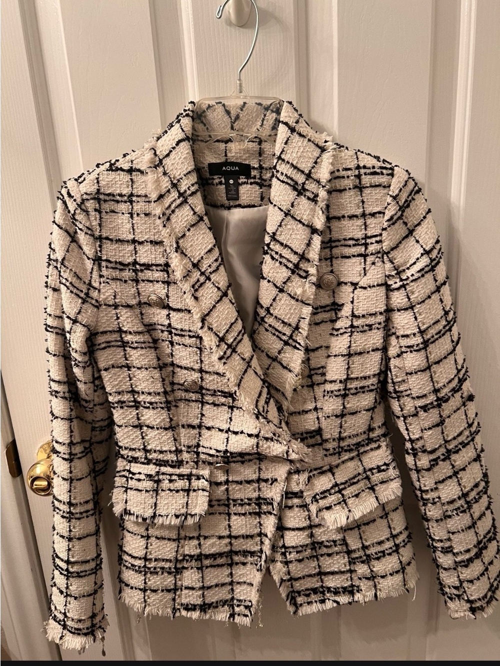 Aqua Black and Ivory Windowpane Fringe Tweed Blazer